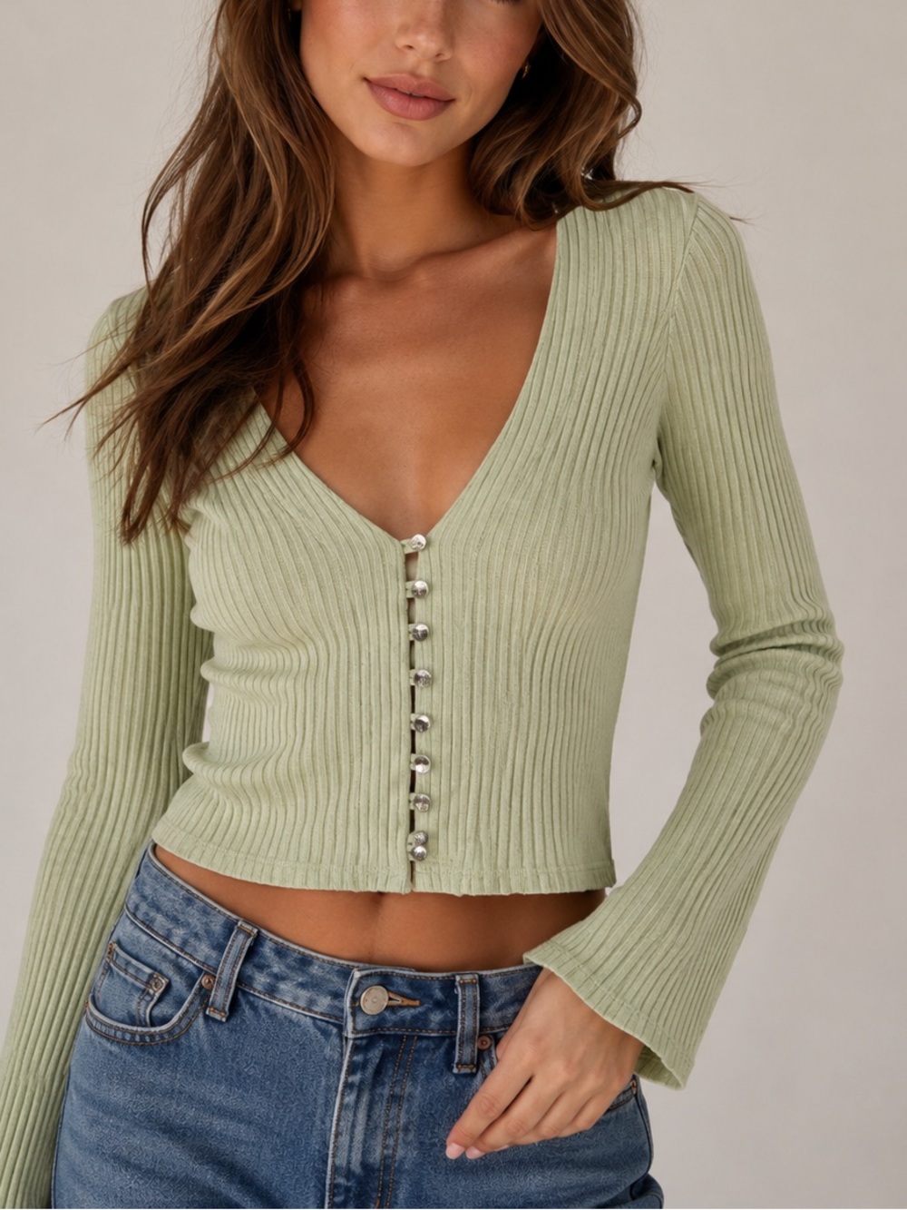 Reformation Gellar Knit Top Size XXS Light Green Ribbed Button-Down Long-Sleeve